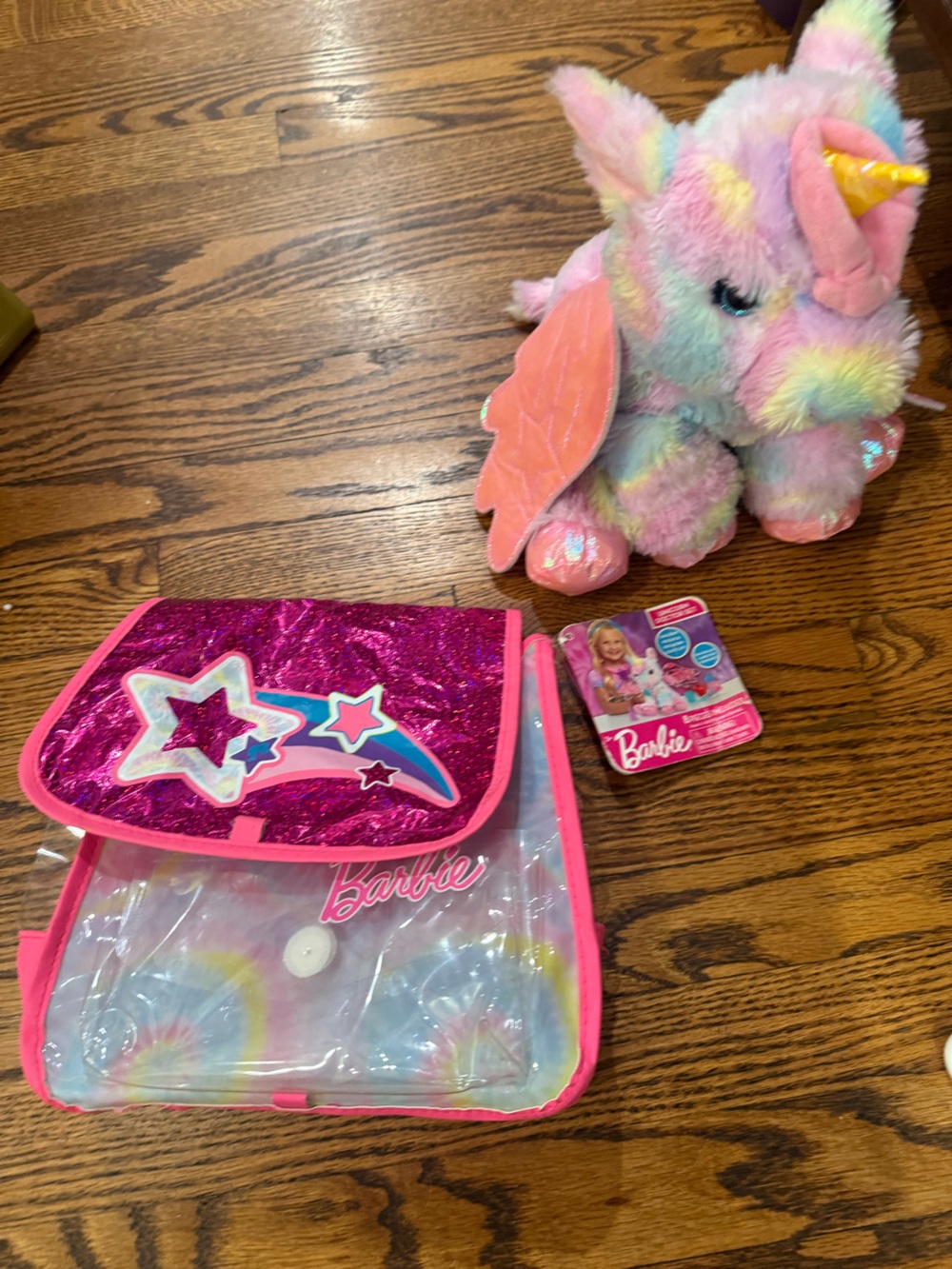 Barbie Bright Pink Glitter Star Bag with Pastel Multicolor Plush Unicorn